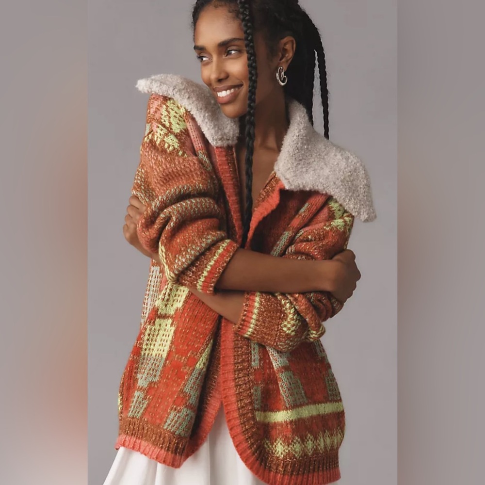 Anthropologie Rust Orange & Sage Mixed-Knit Cardigan with Faux-Shearling Collar